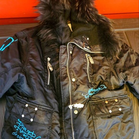 Vintage ED HARDY Mermaid Bomber Jacket w Fur Hood - Picture 2 of 6